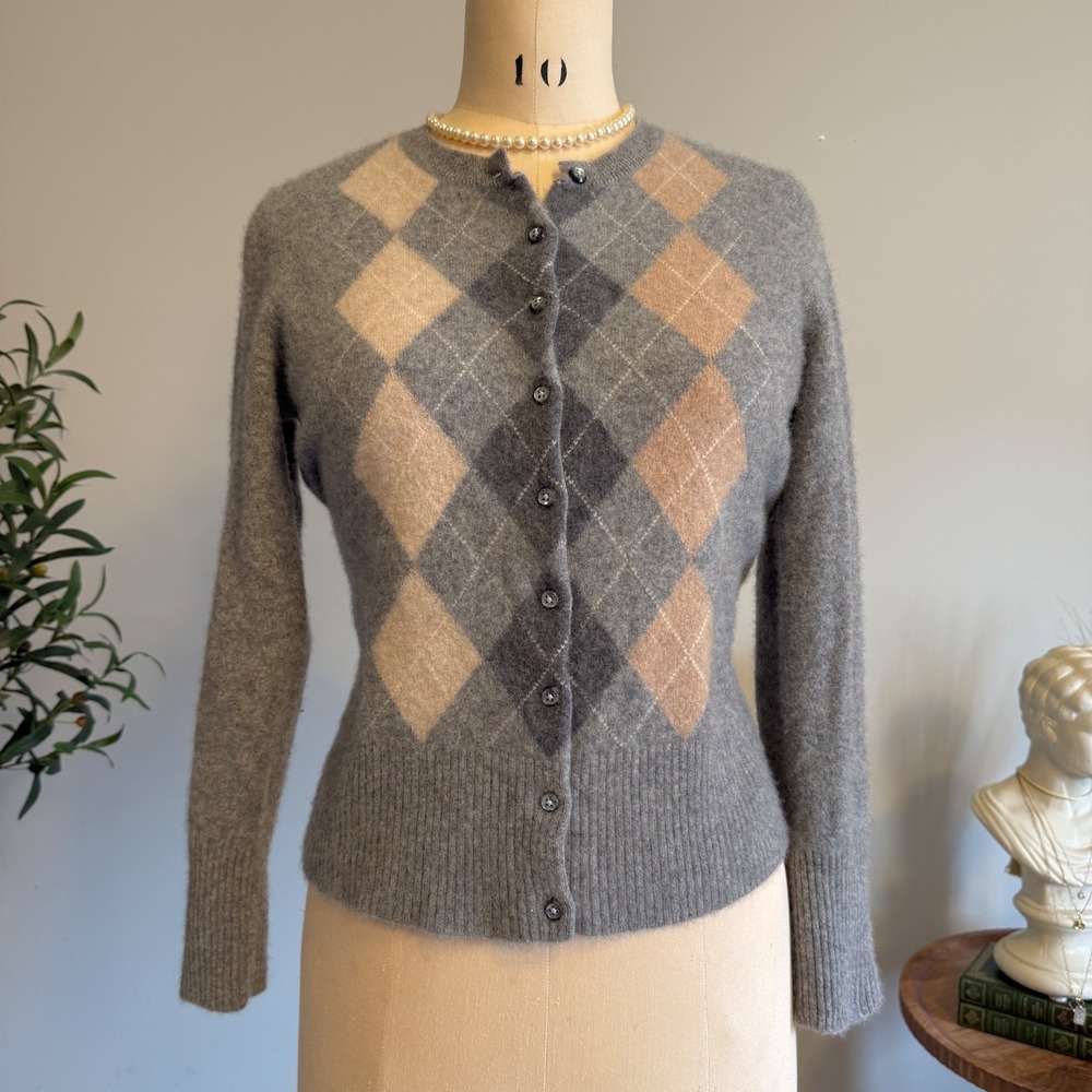 APT. 9 100% Cashmere Argyle Cardigan Gray Camel Button‎ Front Womens M Crew Neck